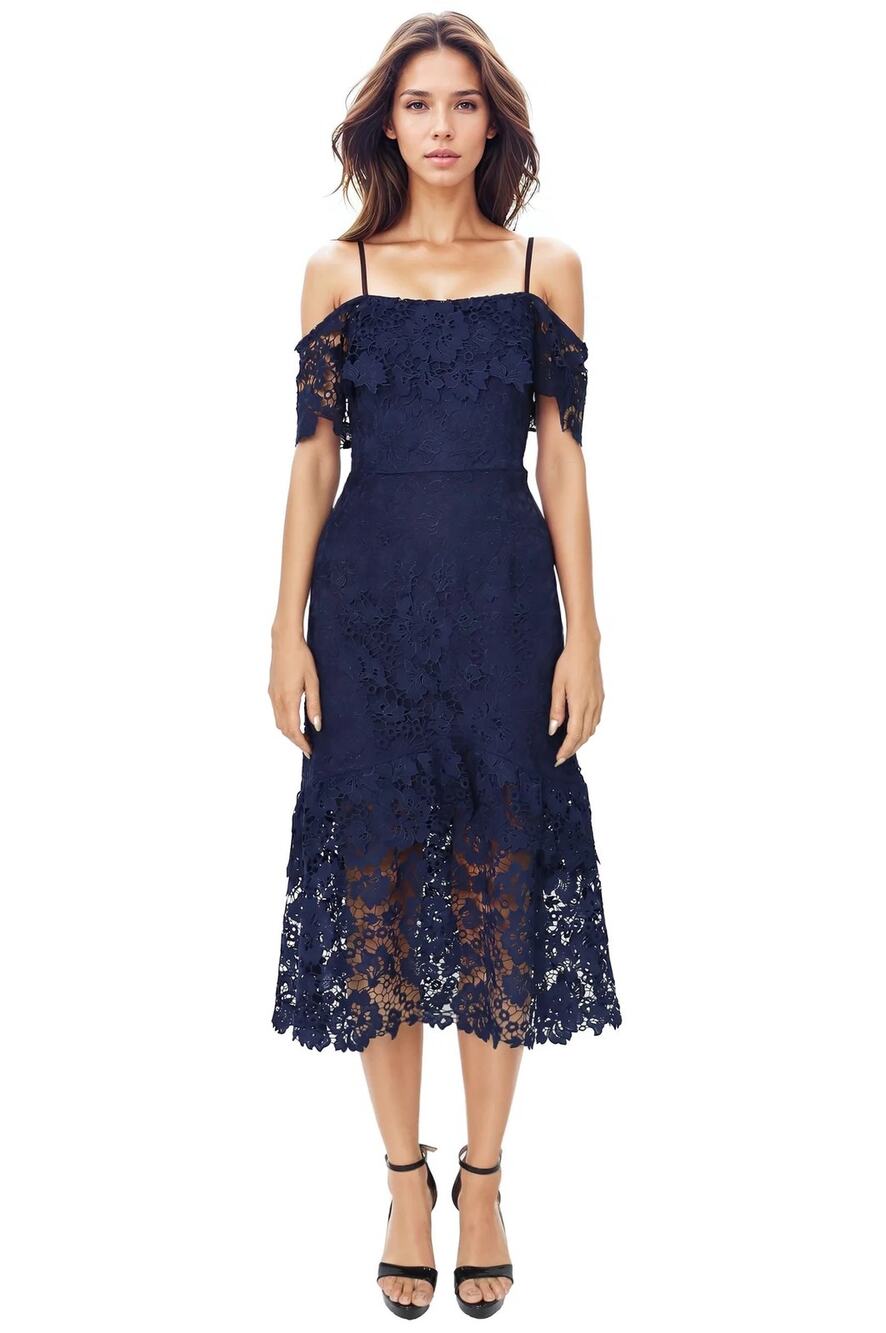 Rene Ruiz Off The Shoulder Blue Crochet Lace Tiered Midi